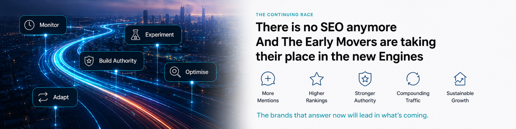 The Continuing Race, showing Monitor, Experiment, Build Authority, Optimise and Adapt.