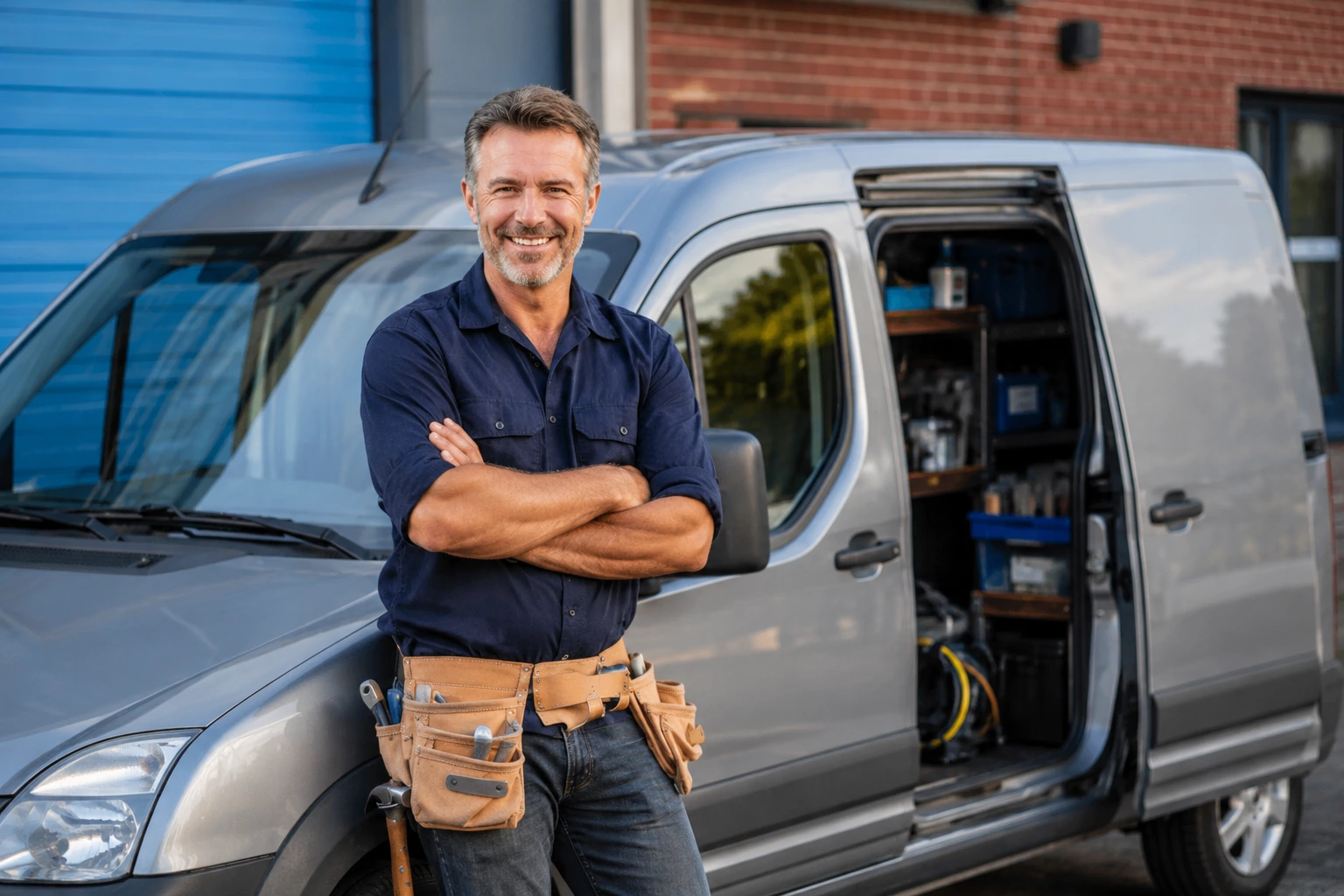 Tradesman beside a well-stocked service van