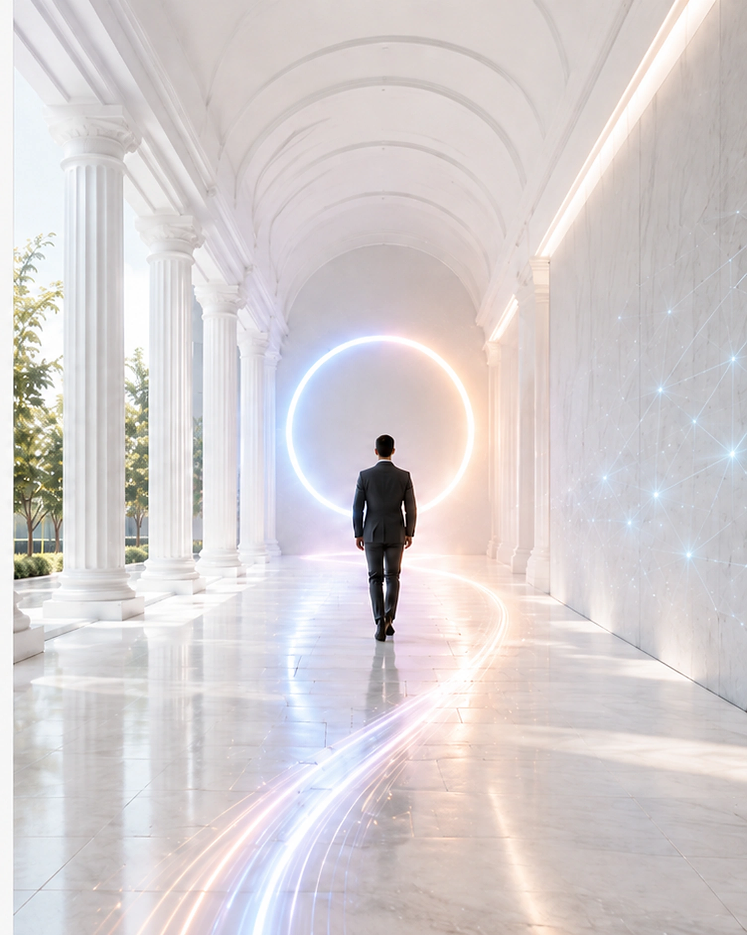 A business leader walking through a luminous corridor toward a portal.