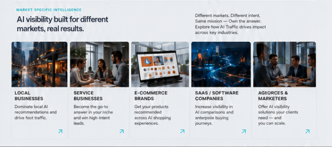 Market-specific AI visibility solutions for five business categories.