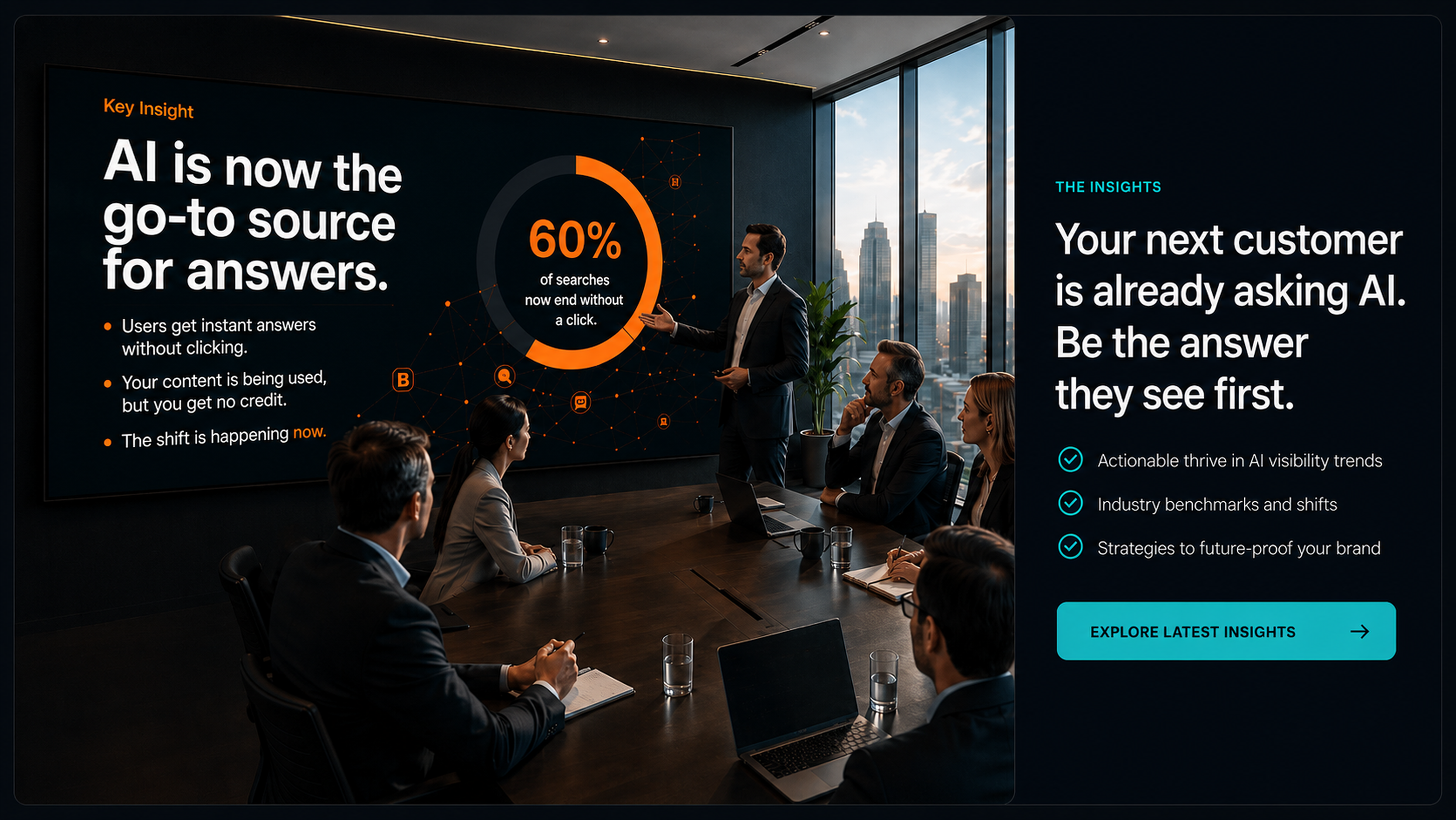 AI insights boardroom with Key Insight presentation and an Insights panel.